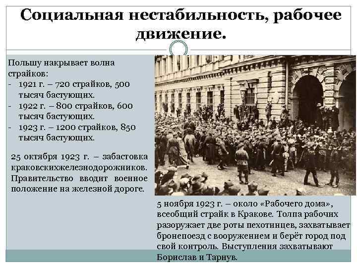 Социальная нестабильность, рабочее движение. Польшу накрывает волна страйков: - 1921 г. – 720 страйков,