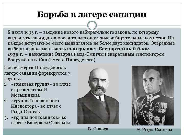 Борьба в лагере санации 8 июля 1935 г. – введение нового избирательного закона, по