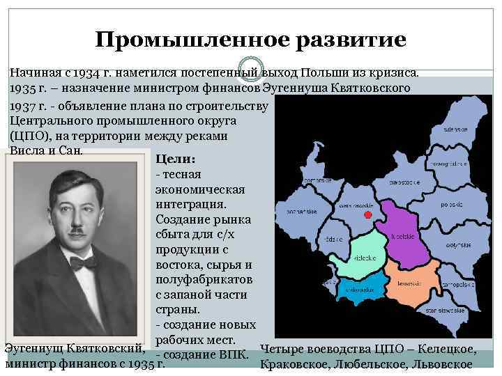 Промышленное развитие Начиная с 1934 г. наметился постепенный выход Польши из кризиса. 1935 г.