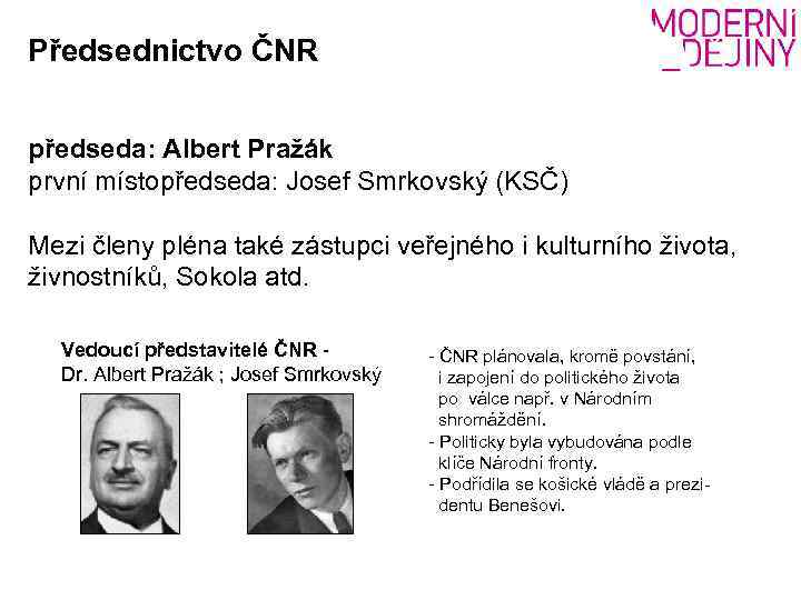 Předsednictvo ČNR předseda: Albert Pražák první místopředseda: Josef Smrkovský (KSČ) Mezi členy pléna také