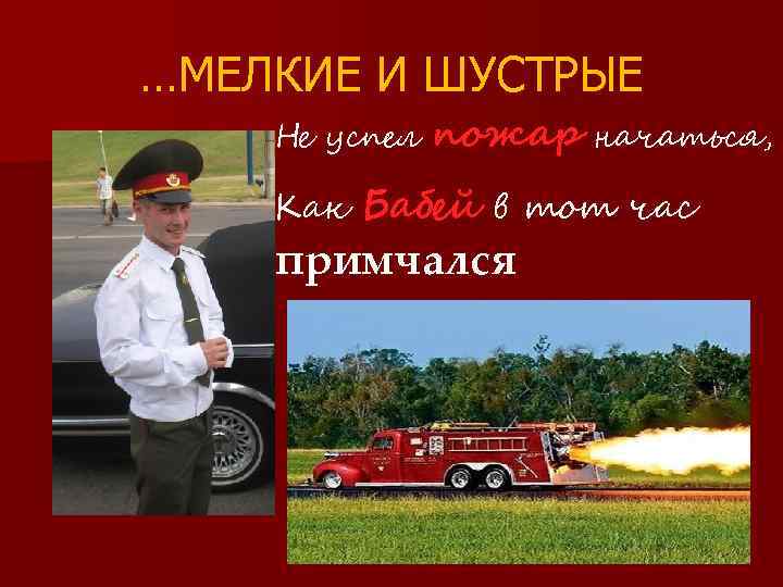 …МЕЛКИЕ И ШУСТРЫЕ Не успел пожар начаться, Как Бабей в тот час примчался 