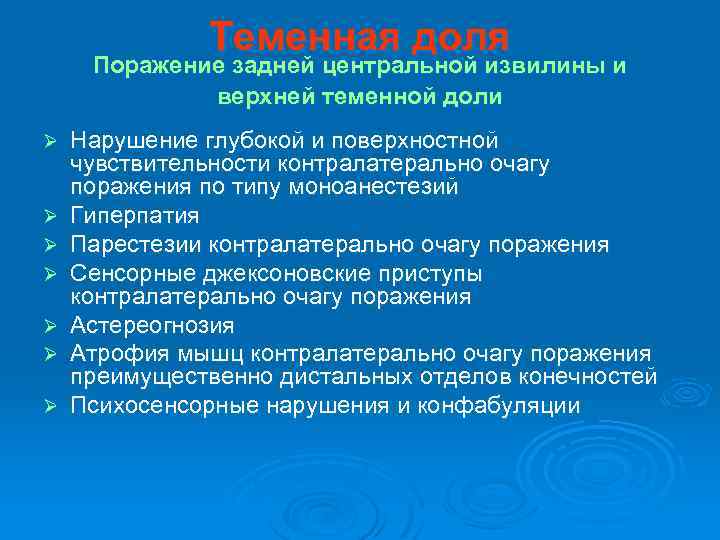 Теменная доля Поражение задней центральной извилины и верхней теменной доли Ø Ø Ø Ø