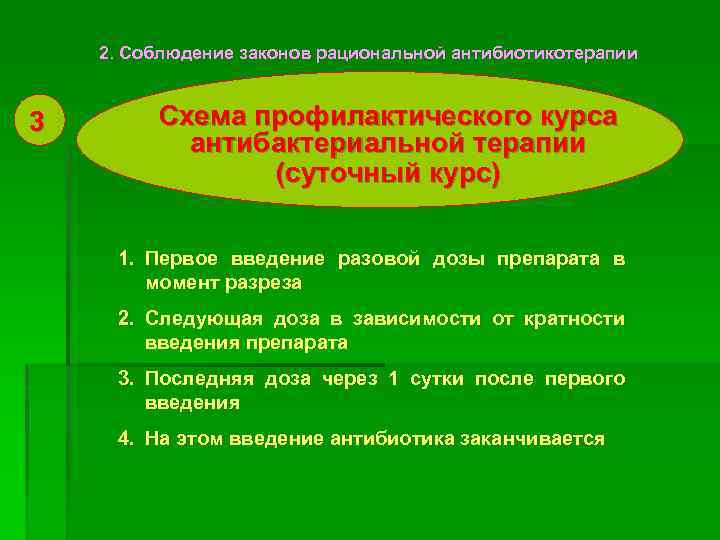 2. Соблюдение законов рациональной антибиотикотерапии 3 Схема профилактического курса антибактериальной терапии (суточный курс) 1.