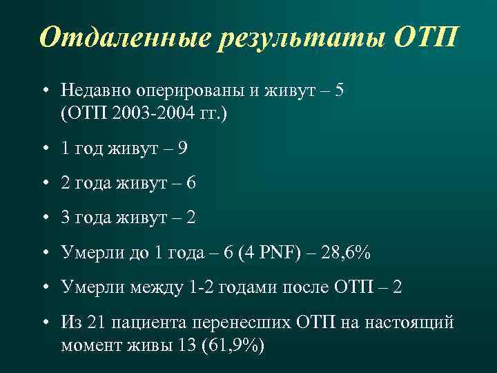 Отдаленные результаты ОТП • Недавно оперированы и живут – 5 (ОТП 2003 -2004 гг.