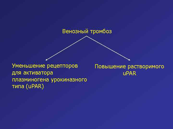 Венозный тромбоз Уменьшение рецепторов для активатора плазминогена урокиназного типа (u. PAR) Повышение растворимого u.