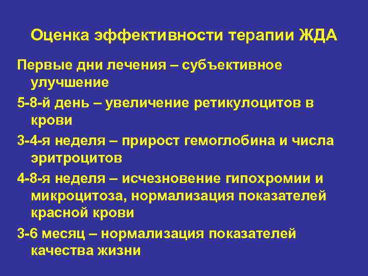 Оценка эффективности терапии ЖДА Первые дни лечения – субъективное улучшение 5 -8 -й день