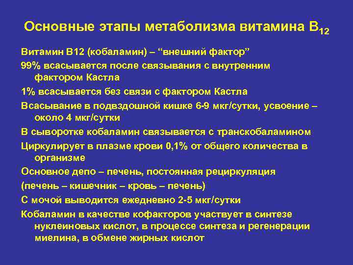 Основные этапы метаболизма витамина B 12 Витамин В 12 (кобаламин) – “внешний фактор” 99%