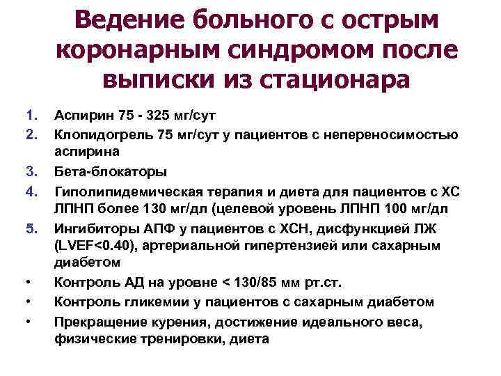 Ведение больного с острым коронарным синдромом после выписки из стационара 1. 2. 3. 4.