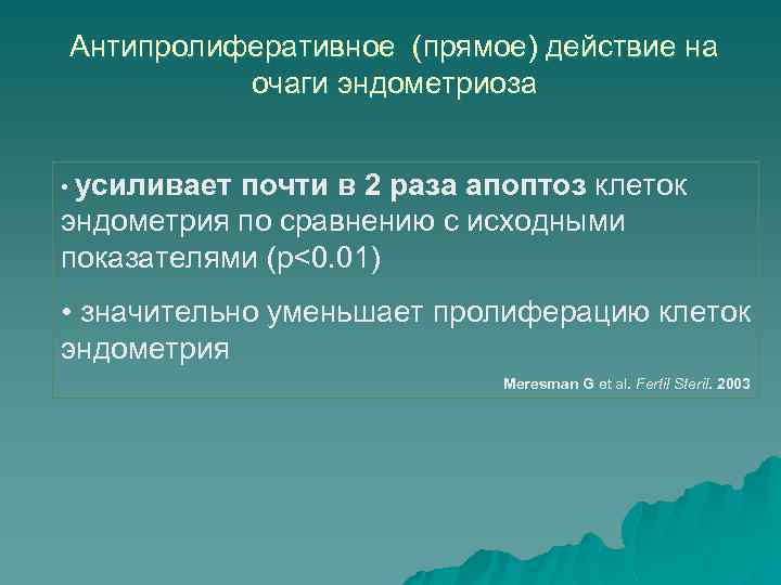 Антипролиферативное (прямое) действие на очаги эндометриоза • усиливает почти в 2 раза апоптоз клеток