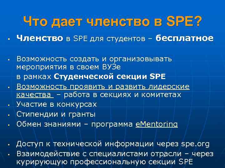 Что дает членство в SPE? § § § § Членство в SPE для студентов