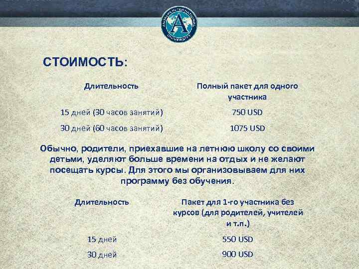 СТОИМОСТЬ: Длительность Полный пакет для одного участника 15 дней (30 часов занятий) 750 USD