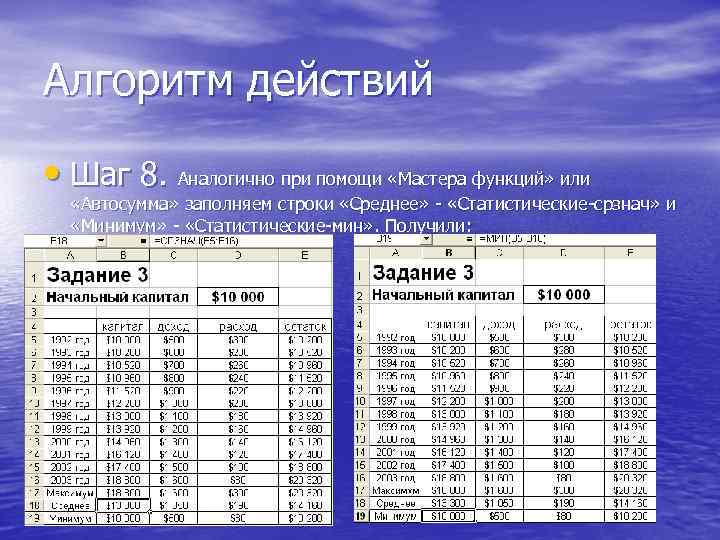 Алгоритм действий • Шаг 8. Аналогично при помощи «Мастера функций» или «Автосумма» заполняем строки