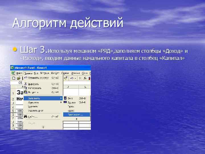 Алгоритм действий • Шаг 3. Используя механизм «РЯД» , заполняем столбцы «Доход» и «Расход»