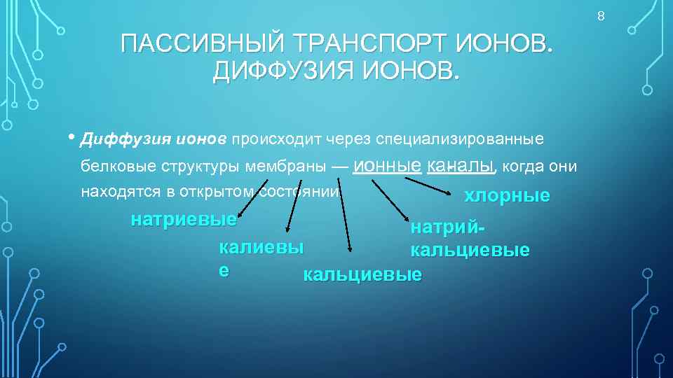 8 ПАССИВНЫЙ ТРАНСПОРТ ИОНОВ. ДИФФУЗИЯ ИОНОВ. • Диффузия ионов происходит через специализированные белковые структуры