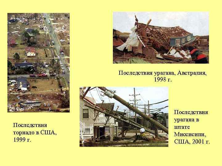 Последствия урагана, Австралия, 1998 г. Последствия торнадо в США, 1999 г. Последствия урагана в