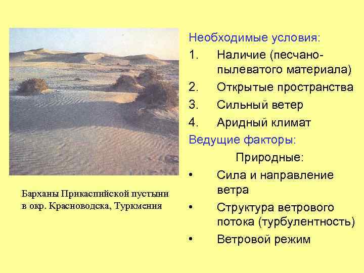 Барханы Прикаспийской пустыни в окр. Красноводска, Туркмения Необходимые условия: 1. Наличие (песчанопылеватого материала) 2.