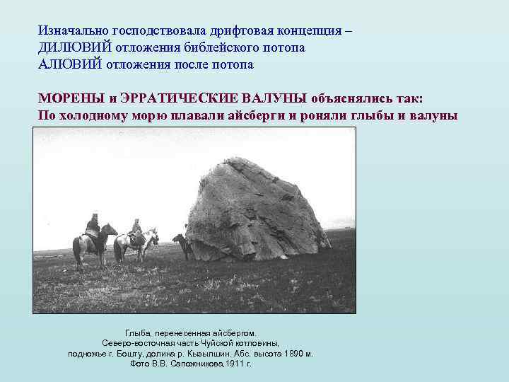 Изначально господствовала дрифтовая концепция – ДИЛЮВИЙ отложения библейского потопа АЛЮВИЙ отложения после потопа МОРЕНЫ