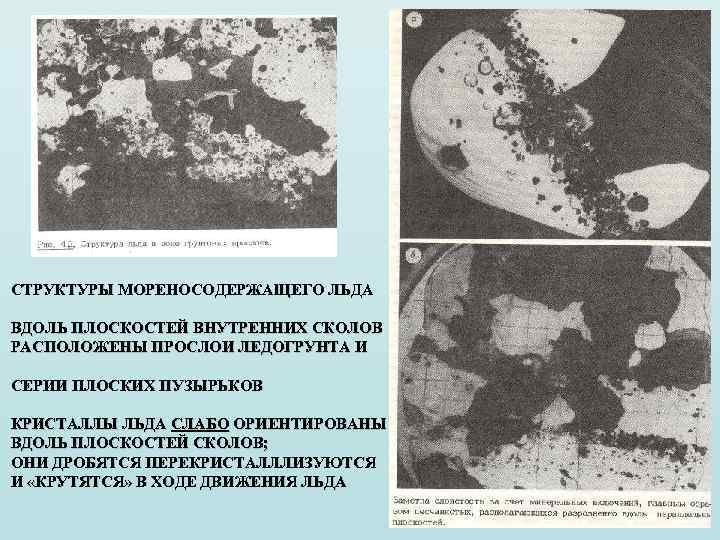 СТРУКТУРЫ МОРЕНОСОДЕРЖАЩЕГО ЛЬДА ВДОЛЬ ПЛОСКОСТЕЙ ВНУТРЕННИХ СКОЛОВ РАСПОЛОЖЕНЫ ПРОСЛОИ ЛЕДОГРУНТА И СЕРИИ ПЛОСКИХ ПУЗЫРЬКОВ