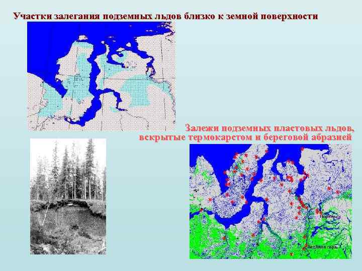 Участки залегания подземных льдов близко к земной поверхности Залежи подземных пластовых льдов, вскрытые термокарстом