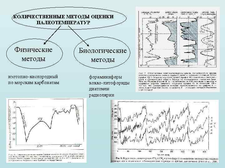 КОЛИЧЕСТВЕННЫЕ МЕТОДЫ ОЦЕНКИ ПАЛЕОТЕМПЕРАТУР Физические методы изотопно-кислородный по морским карбонатам Биологические методы фораминиферы кокко-литофориды