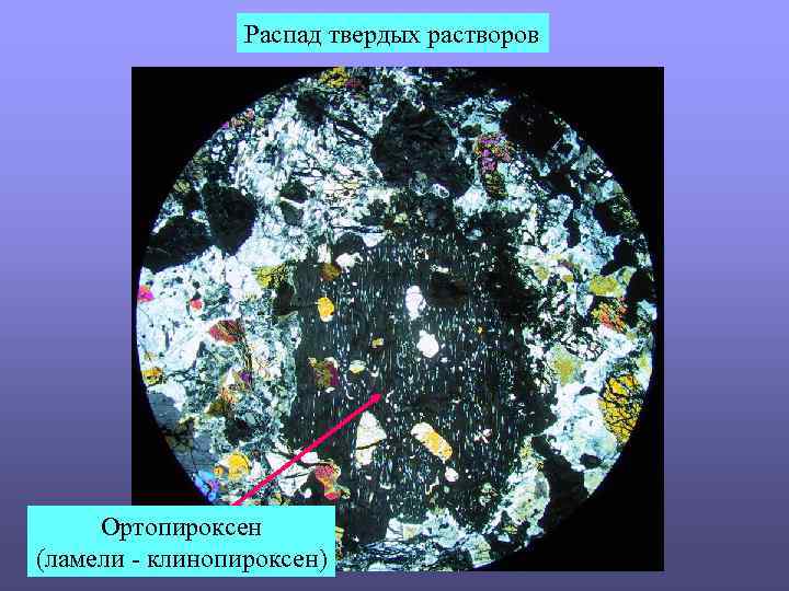 Распад твердых растворов Ортопироксен (ламели - клинопироксен) 