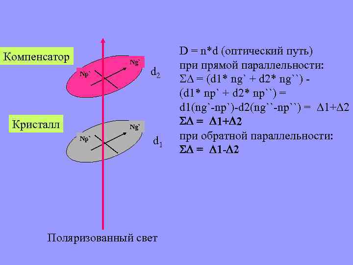 Компенсатор Ng` Np` Кристалл d 2 Ng` Np` d 1 Поляризованный свет D =
