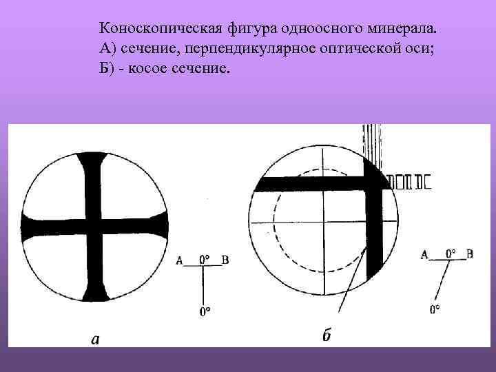 Коноскопическая фигура одноосного минерала. А) сечение, перпендикулярное оптической оси; Б) - косое сечение. 