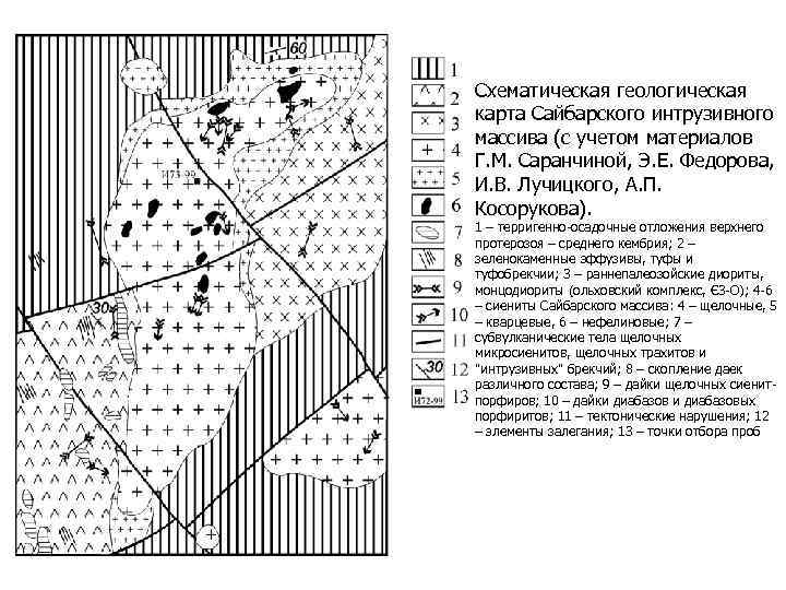 Схематическая геологическая карта Сайбарского интрузивного массива (с учетом материалов Г. М. Саранчиной, Э. Е.