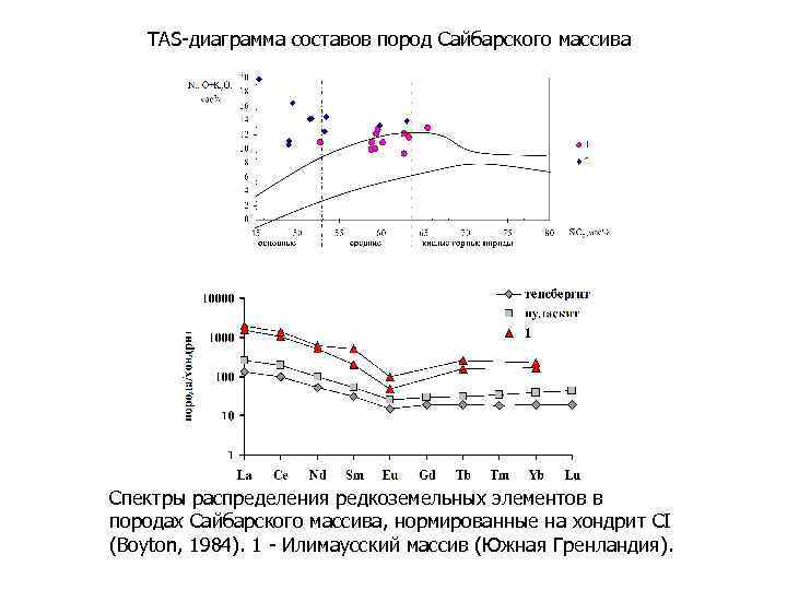 TAS-диаграмма составов пород Сайбарского массива Спектры распределения редкоземельных элементов в породах Сайбарского массива, нормированные