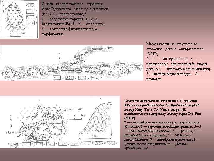 Схема геологического строения Ары Булакского массива онгонитов (по Б. А. Гайворонскому! 1 — осадочные