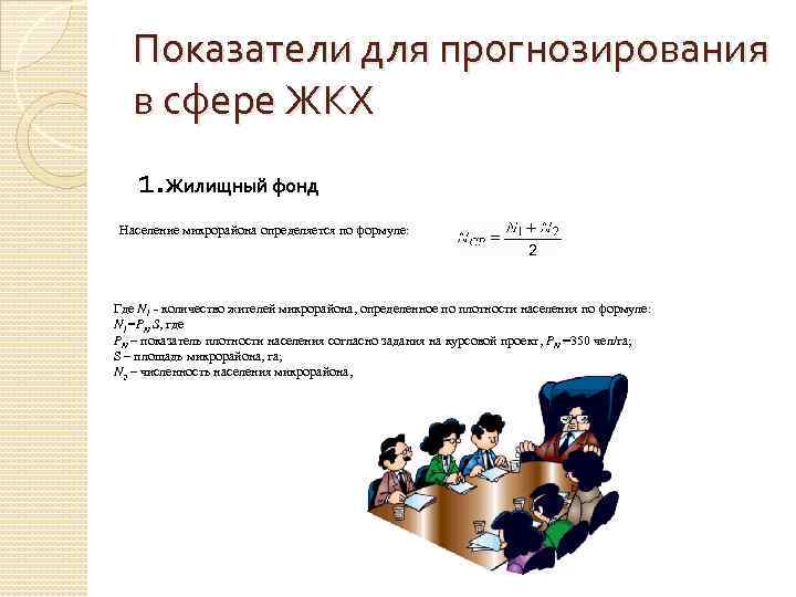 Показатели для прогнозирования в сфере ЖКХ 1. Жилищный фонд Население микрорайона определяется по формуле: