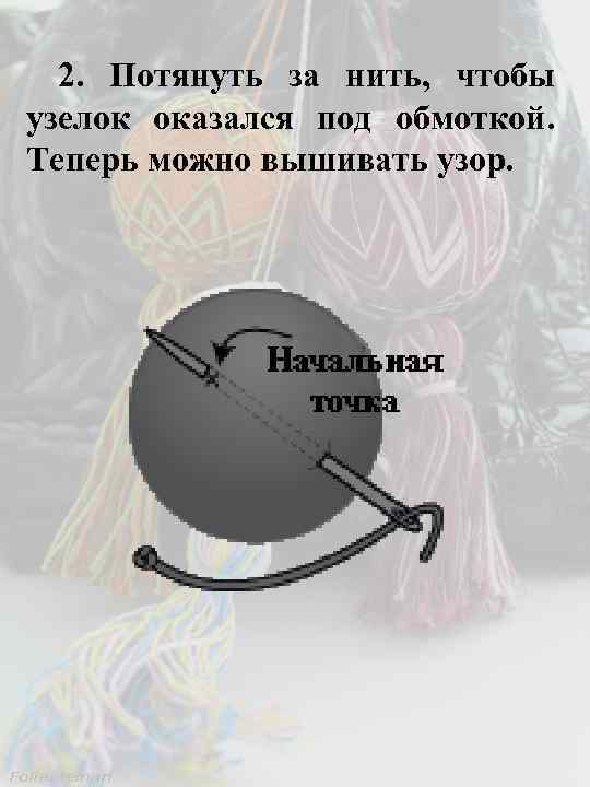 2. Потянуть за нить, чтобы узелок оказался под обмоткой. Теперь можно вышивать узор. 