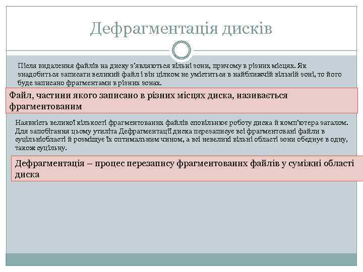 Дефрагментація дисків Після видалення файлів на диску з'являються вільні зони, причому в різних місцях.
