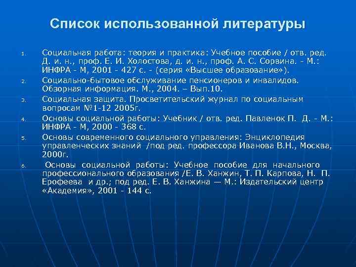 Список использованной литературы 1. 2. 3. 4. 5. 6. Социальная работа: теория и практика: