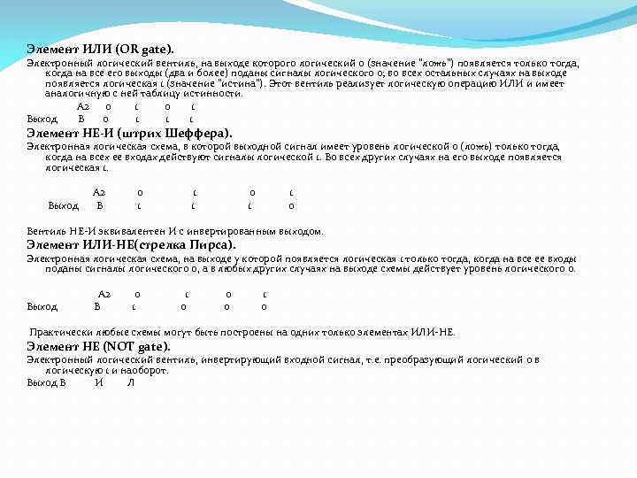  Элемент ИЛИ (OR gate). Электронный логический вентиль, на выходе которого логический 0 (значение
