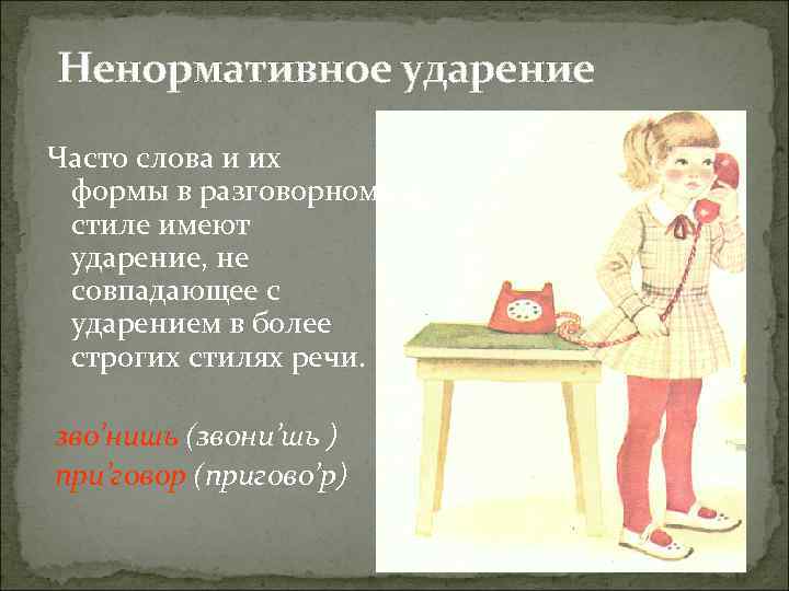 Ненормативное ударение Часто слова и их формы в разговорном стиле имеют ударение, не совпадающее