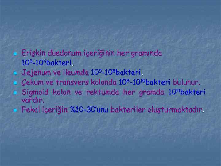 n n n Erişkin duedonum içeriğinin her gramında 103 -106 bakteri, Jejenum ve ileumda