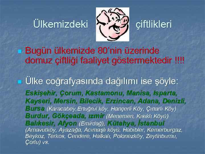Ülkemizdeki n n çiftlikleri Bugün ülkemizde 80’nin üzerinde domuz çiftliği faaliyet göstermektedir !!!! Ülke