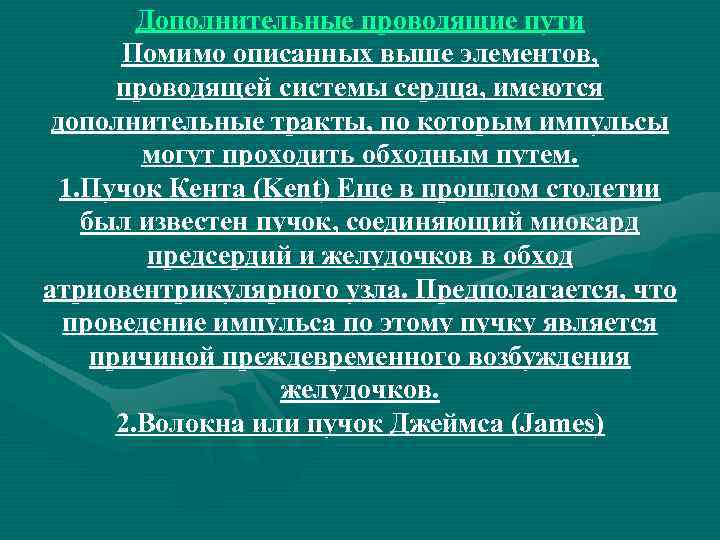 Дополнительные проводящие пути Помимо описанных выше элементов, проводящей системы сердца, имеются дополнительные тракты, по