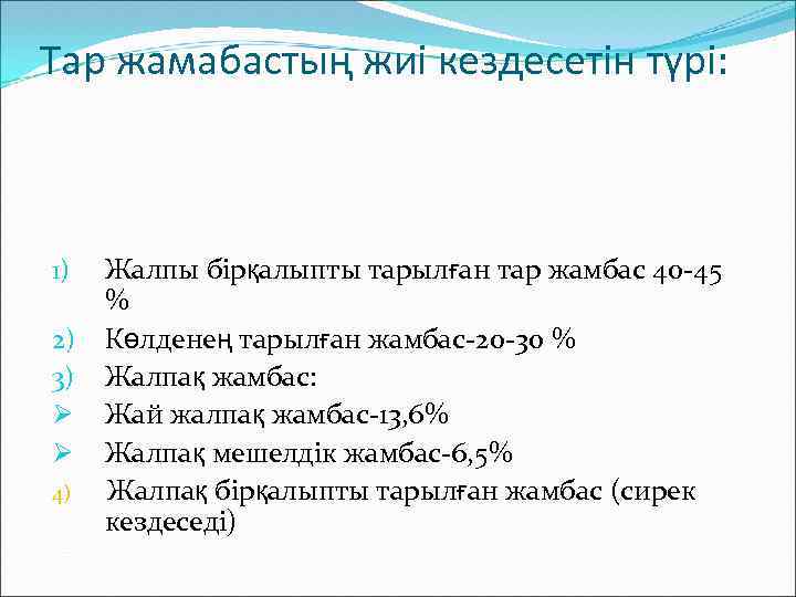 Тар жамабастың жиі кездесетін түрі: 1) 2) 3) Ø Ø 4) Жалпы бірқалыпты тарылған