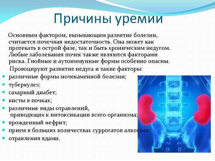  Причины уремии Основным фактором, вызывающим развитие болезни, считается почечная недостаточность. Она может как