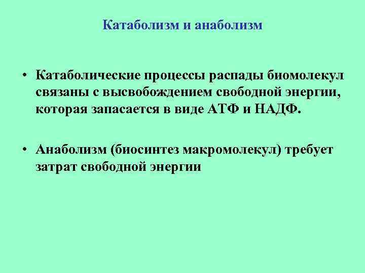 Катаболизм и анаболизм • Катаболические процессы распады биомолекул связаны с высвобождением свободной энергии, которая