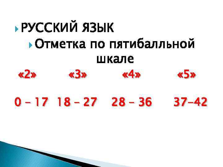  РУССКИЙ ЯЗЫК Отметка по пятибалльной шкале « 2» « 3» 0 – 17