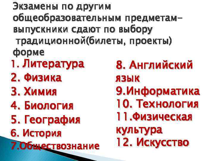 Экзамены по другим общеобразовательным предметамвыпускники сдают по выбору традиционной(билеты, проекты) форме 1. Литература 8.