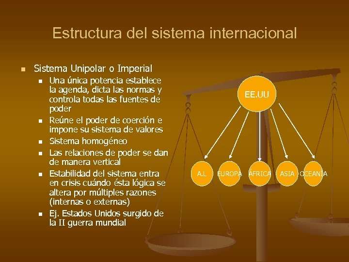 Estructura del sistema internacional n Sistema Unipolar o Imperial n n n Una única