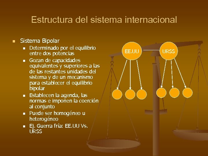 Estructura del sistema internacional n Sistema Bipolar n n n Determinado por el equilibrio