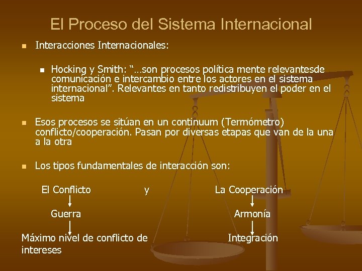 El Proceso del Sistema Internacional n Interacciones Internacionales: n n n Hocking y Smith:
