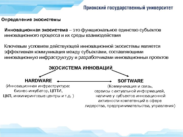 Определение экосистемы Инновационная экосистема – это функциональное единство субъектов инновационного процесса и их среды