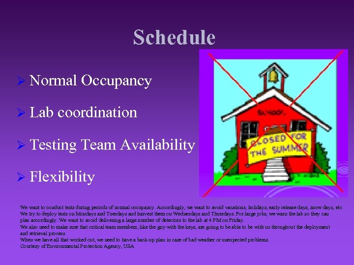 Schedule Ø Normal Ø Lab Occupancy coordination Ø Testing Team Availability Ø Flexibility We