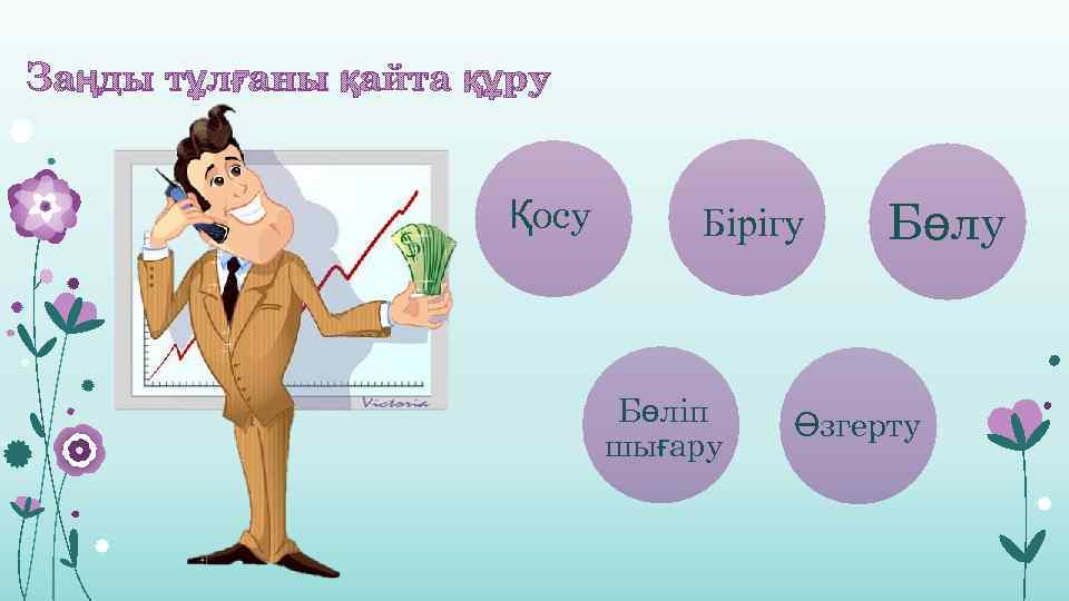 Заңды тұлғаны қайта құру Қосу Бірігу Бөліп шығару Бөлу Өзгерту 